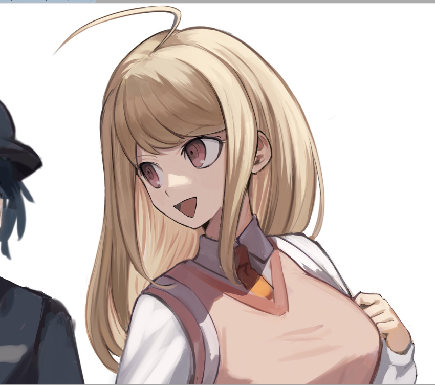 1boy :d ahoge akamatsu_kaede bad_id bad_twitter_id bag black_hair blonde_hair bojue_(hakus_1128) breasts brown_eyes collared_shirt danganronpa_(series) danganronpa_v3:_killing_harmony female hair_ornament highres large_breasts long_hair long_sleeves looking_at_another musical_note musical_note_hair_ornament necktie open_mouth orange_necktie saihara_shuichi school_uniform shirt short_hair simple_background smile solo_focus sweater_vest upper_body white_background white_shirt