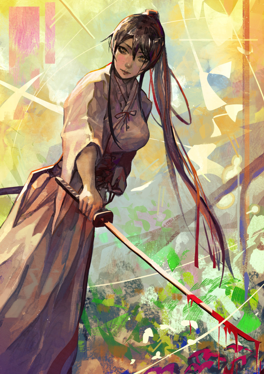 absurdres blood blood_on_weapon brown_hair female hakama hakama_skirt high_ponytail highres holding holding_sword holding_weapon japanese_clothes jigokuraku katana kimono long_hair looking_at_viewer ponytail skirt solo subakeye sword weapon white_hakama white_kimono yamada_asaemon_sagiri