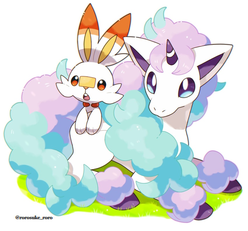 artist_name commentary_request galarian_ponyta grass highres no_humans oerba_yun_fang open_mouth pokemon pokemon_(creature) rorosuke scorbunny tongue white_background