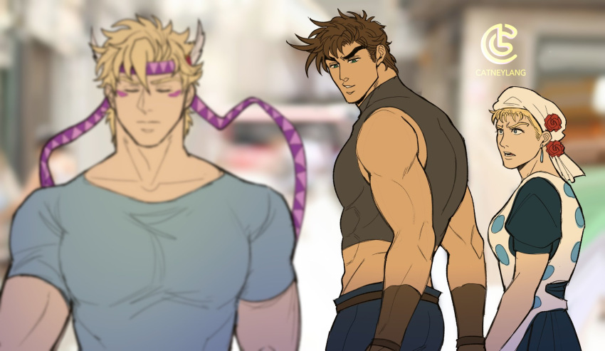 2boys abs battle_tendency belt biceps blonde_hair blurry blurry_background breasts brown_hair caesar_anthonio_zeppeli catneylang closed_eyes closed_mouth collarbone distracted_boyfriend_(meme) earrings facial_mark feather_hair_ornament feathers female flower from_behind furrowed_brow gloves green_eyes hair_ornament hat hat_flower head_scarf headband headwear_request highres holding_hands jewelry jojo_no_kimyou_na_bouken joseph_joestar joseph_joestar_(young) large_pectorals looking_at_another looking_back meme midriff multiple_boys muscular muscular_male open_mouth pectorals polka_dot red_flower rose shirt sleeveless small_breasts suzi_q t-shirt tank_top thick_eyebrows white_headwear