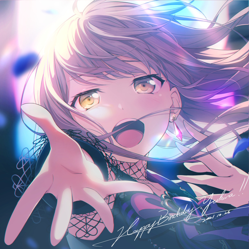 absurdres bang_dream! bare_shoulders blush brooch character_name commentary dated earrings english_commentary english_text female fishnets gem grey_hair happy_birthday head_tilt highres jewelry long_hair looking_at_viewer minato_yukina mixed-language_commentary music nobusawa_osamu open_mouth orange_eyes outstretched_arm purple_ribbon ribbon singing smile solo teeth tongue tongue_out upper_body upper_teeth_only wind