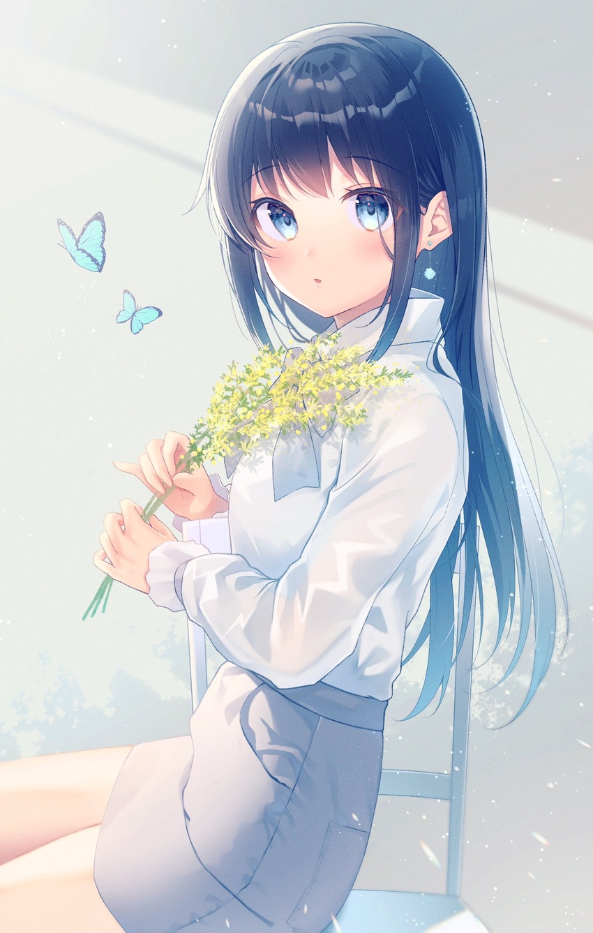 :o animal black_hair blue_butterfly blue_eyes blush bug butterfly chair collared_shirt earrings female flower grey_skirt gyozanuko highres holding holding_flower jewelry long_hair long_sleeves looking_at_viewer looking_to_the_side neck_ribbon on_chair original parted_lips pencil_skirt ribbon shirt sidelocks sitting skirt solo very_long_hair white_shirt yellow_flower