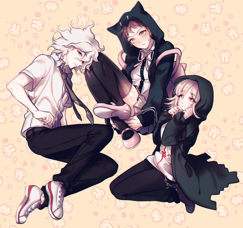 2boys animal_bag animal_hood backpack bag black_jacket black_pants blush brown_skirt cat_bag cat_hood chains coat collared_shirt commentary_request cosplay danganronpa_(series) danganronpa_2:_goodbye_despair dress_shirt female frown green_coat grey_hair gwanlamcha hands_up highres hinata_hajime hinata_hajime_(cosplay) hood hoodie jacket komaeda_nagito komaeda_nagito_(cosplay) korean_commentary messy_hair multiple_boys nanami_chiaki nanami_chiaki_(cosplay) neck_ribbon necktie open_clothes open_coat open_jacket pants parted_lips pink_bag pink_eyes pink_footwear pink_ribbon ribbon school_uniform shirt shoes short_hair short_sleeves skirt smile sneakers sweatdrop thighhighs white_hair white_shirt