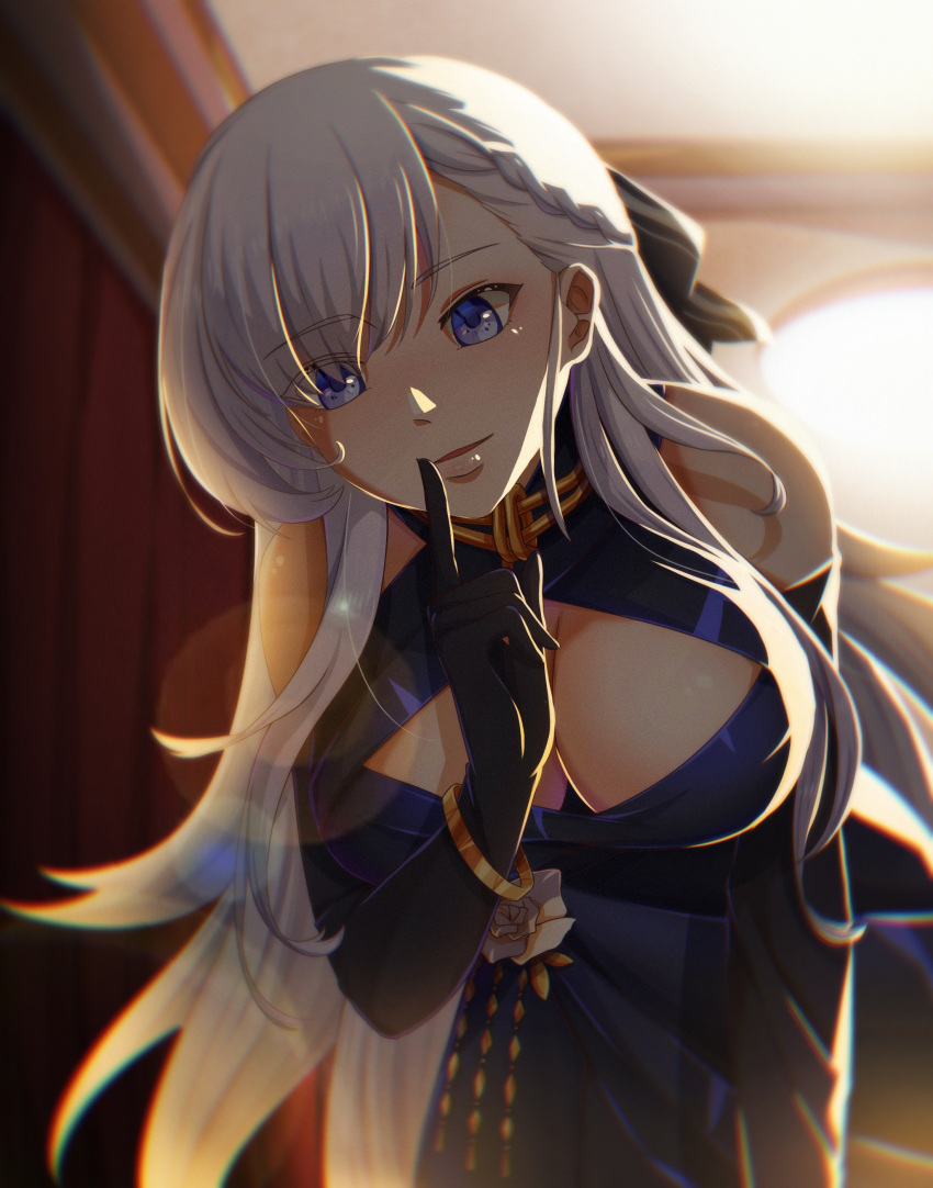 absurdres azur_lane belfast_(azur_lane) belfast_(the_noble_attendant)_(azur_lane) braid breasts cleavage criss-cross_halter dress elbow_gloves evening_gown female french_braid gloves halter_dress halterneck highres hoshidou-sama indoors large_breasts leaning_forward long_hair looking_at_viewer official_alternate_costume purple_eyes purple_gloves solo white_hair