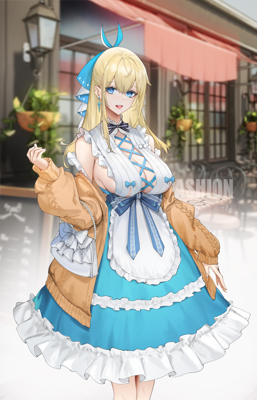 :d absurdres apron bag bare_shoulders black_ribbon blonde_hair blue_eyes blue_ribbon blue_skirt breasts building cleavage cross-laced_clothes day earrings feet_out_of_frame female frilled_apron frilled_shirt frilled_skirt frills genera-x hair_ribbon handbag highres jacket jewelry large_breasts long_hair long_sleeves looking_at_viewer medium_skirt neck_ribbon open_clothes open_jacket open_mouth orange_jacket original outdoors plant potted_plant ribbon shirt skirt smile solo standing waist_apron white_apron white_shirt