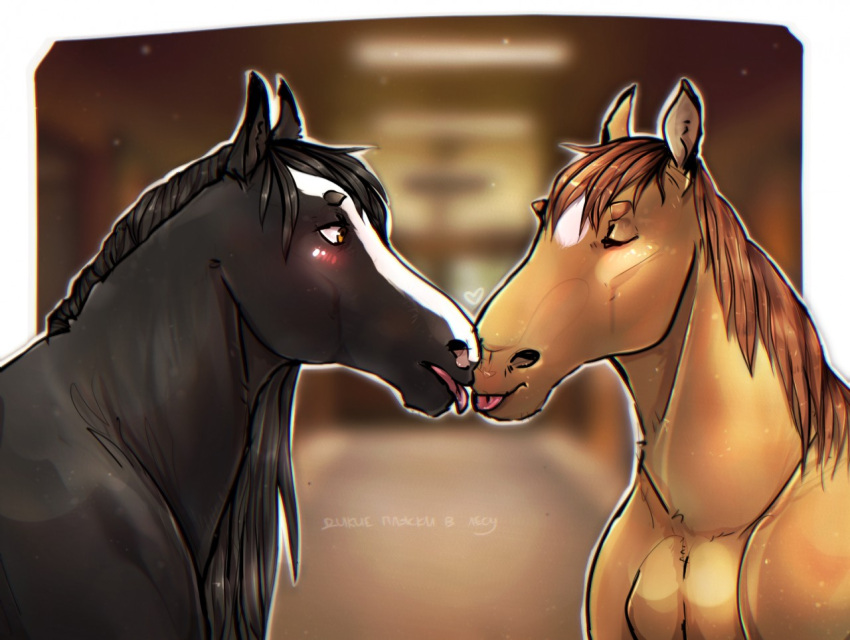 ambiguous_gender black_body black_hair black_mane blush closed_eyes clyde_(wasen) delota digital_media_(artwork) duo equid equine facial_markings feral hair head_markings horse kissing looking_at_another mammal mane markings open_mouth pearl_(wasen) tan_body tan_hair tongue tongue_out