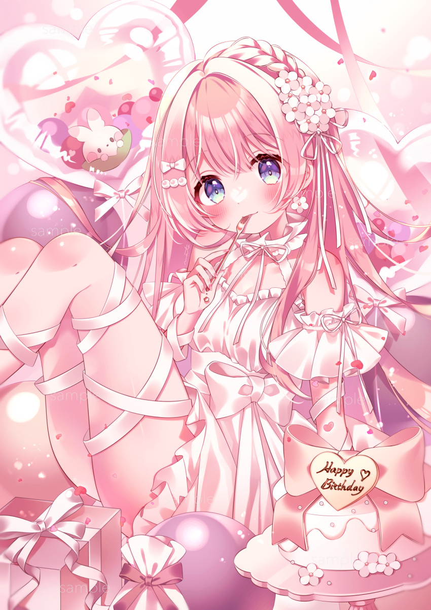 amane_momo_(vtuber) balloon blue_eyes blush bow cake dress earrings female flower flower_earrings food fork gift hair_flower hair_ornament happy_birthday heart_balloon highres holding holding_fork indie_virtual_youtuber jewelry long_hair mata pink_hair ribbon sitting solo utensil_in_mouth virtual_youtuber white_bow white_dress white_flower white_ribbon