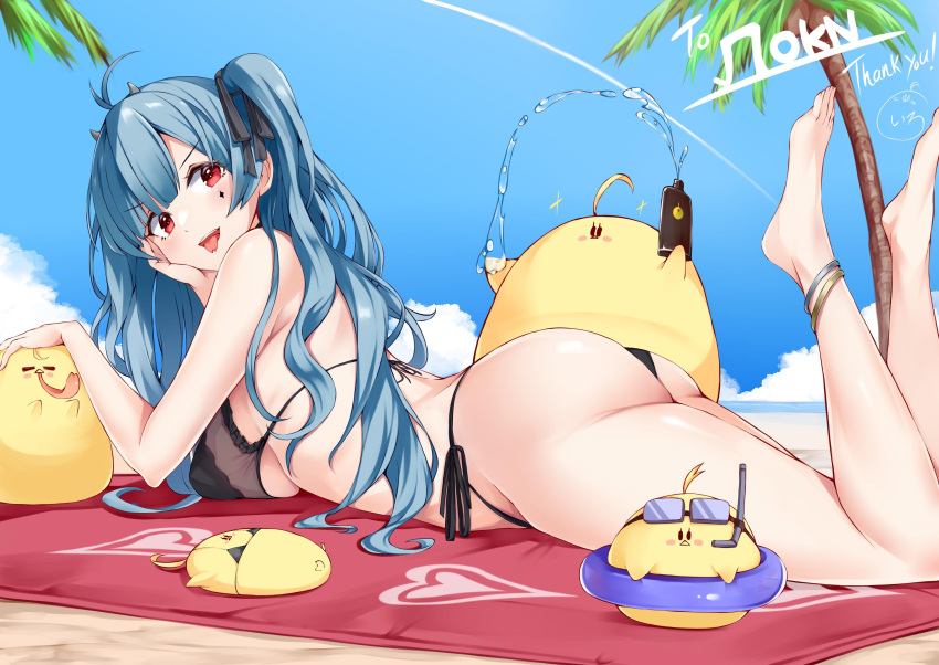 :d absurdres ahoge anklet ass azur_lane barefoot beach beach_towel bikini black_bikini blue_hair blue_sky breasts coconut_tree commission elbow_rest english_commentary feet feet_up female forked_tongue from_side hair_ribbon highres irohara jewelry large_breasts legs long_hair lying manjuu_(azur_lane) marco_polo_(azur_lane) ocean on_stomach open_mouth outdoors palm_tree red_eyes ribbon second-party_source skeb_commission sky smile swimsuit toes tongue tongue_out towel tree twintails v-shaped_eyebrows very_long_hair water