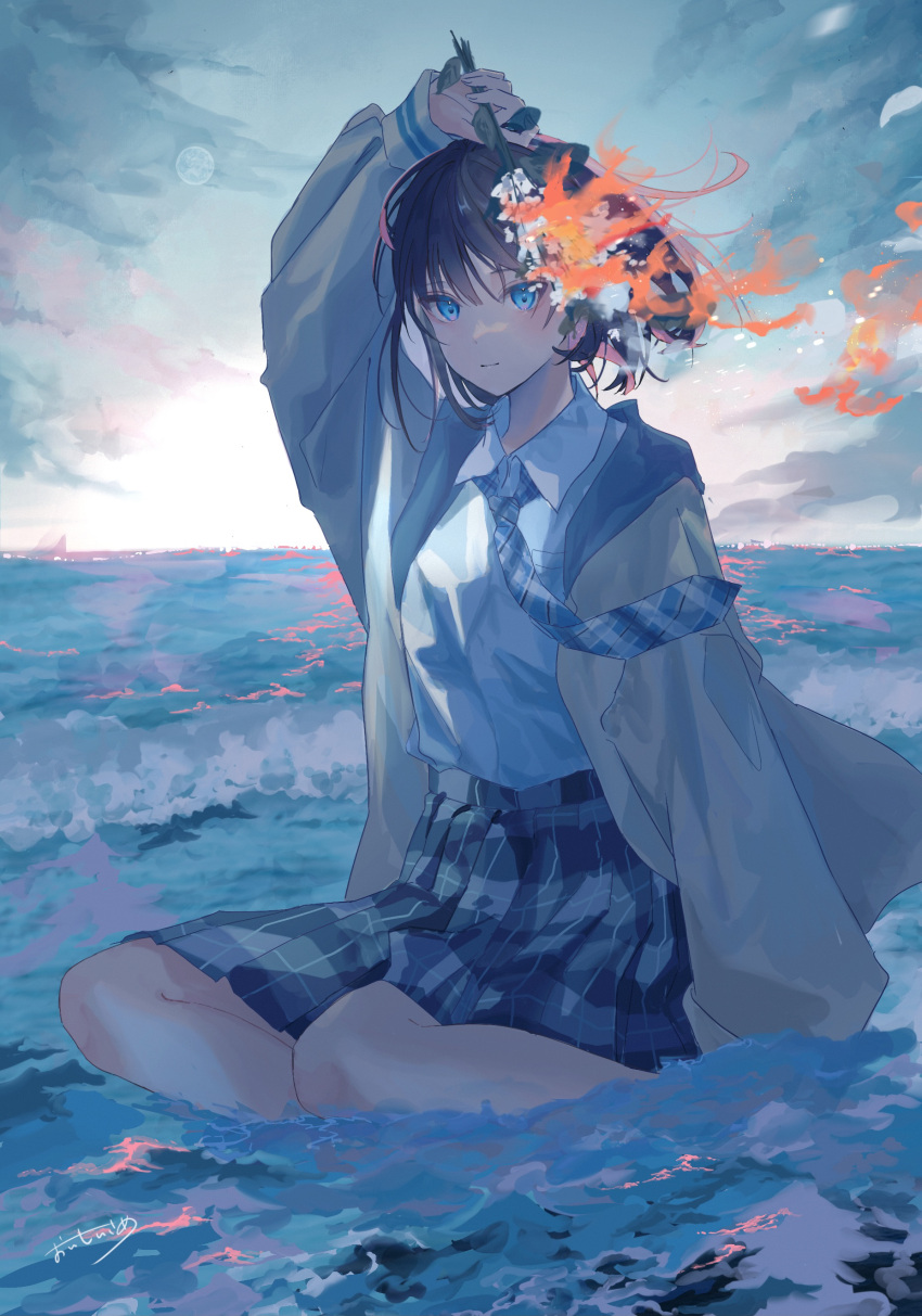 absurdres arm_up bad_id bad_pixiv_id black_hair blue_eyes blue_necktie blue_skirt brown_jacket cloud collared_shirt female flower highres holding holding_flower horizon jacket long_sleeves looking_at_viewer necktie ocean open_clothes open_jacket original outdoors partially_submerged plaid plaid_necktie plaid_skirt scenery shirt short_hair signature sitting skirt sky solo sutera_sea water waves white_shirt