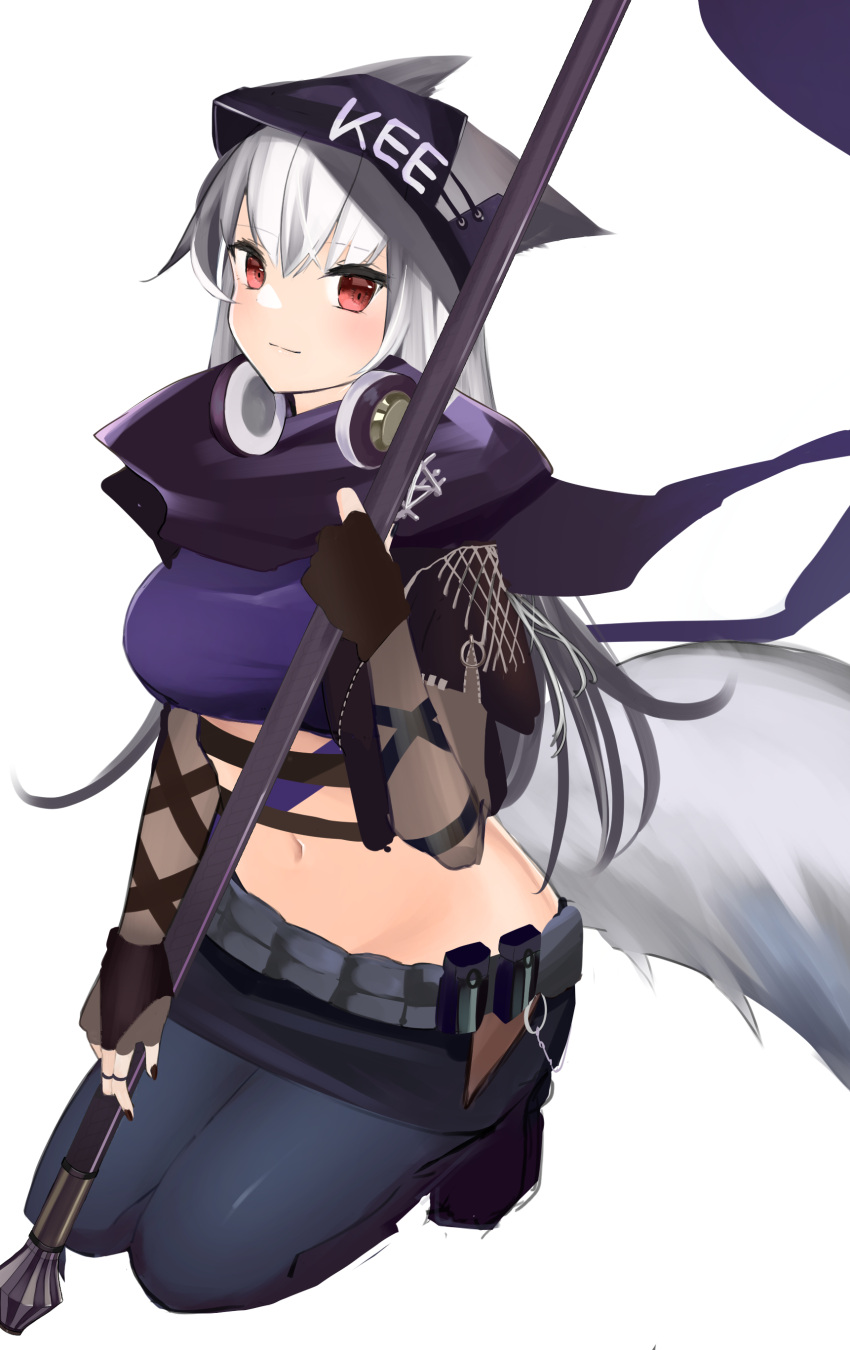 absurdres animal_ears arknights arm_ribbon asymmetrical_gloves beanie black_nails black_skirt blue_pantyhose bridal_gauntlets cropped_shirt ears_through_headwear female fingerless_gloves fox_ears fox_girl fox_tail frostleaf_(arknights) frostleaf_(breaking_the_ice)_(arknights) full_body gloves hair_between_eyes hat headphones headphones_around_neck highres holding holding_polearm holding_weapon kneeling kurakak6 layered_sleeves light_blush long_hair looking_at_viewer midriff miniskirt pantyhose polearm red_eyes ribbon see-through see-through_sleeves short_sleeves simple_background skirt smile solo tail weapon white_background white_hair zipper zipper_pull_tab