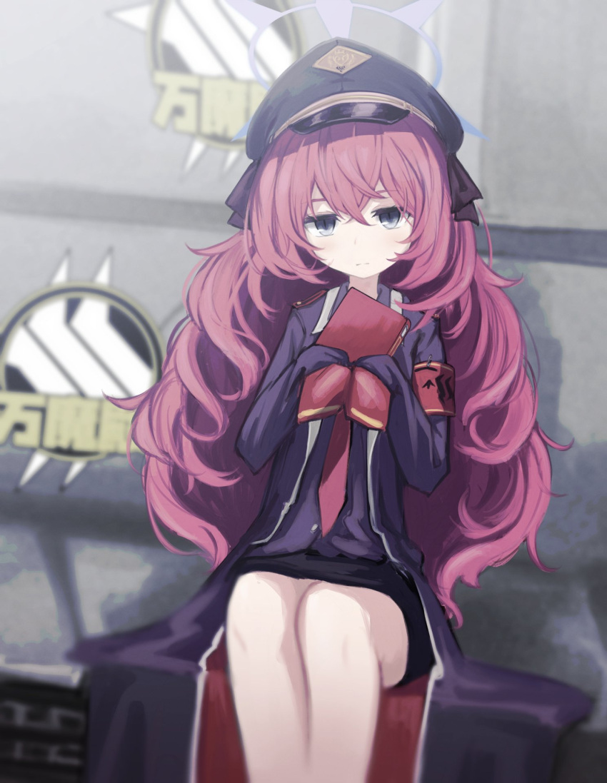 black_eyes black_headwear black_jacket black_shirt black_skirt blue_archive book female hair_between_eyes halo hat hat_ribbon highres iroha_(blue_archive) jacket lit_ter long_hair long_sleeves military military_vehicle motor_vehicle necktie open_clothes open_jacket red_hair red_necktie ribbon shirt sitting skirt tank tiger_i very_long_hair