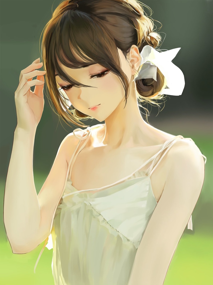 armpit_crease bare_shoulders black_hair blurry blurry_background closed_eyes collarbone commentary dress eyeshadow female flat_chest grass hair_ornament hand_up highres leviathan_(hikinito0902) makeup medium_hair original outdoors red_lips solo standing sundress tied_hair