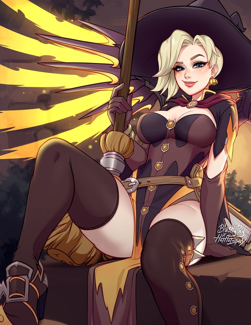 alternate_costume belt blonde_hair blushyspicy breasts broom brown_thighhighs commentary dress earrings elbow_gloves english_commentary female gloves hat highres holding jack-o'-lantern jack-o'-lantern_earrings jewelry looking_at_viewer mercy_(overwatch) official_alternate_costume overwatch red_lips short_hair smile solo thighhighs wings witch witch_hat witch_mercy