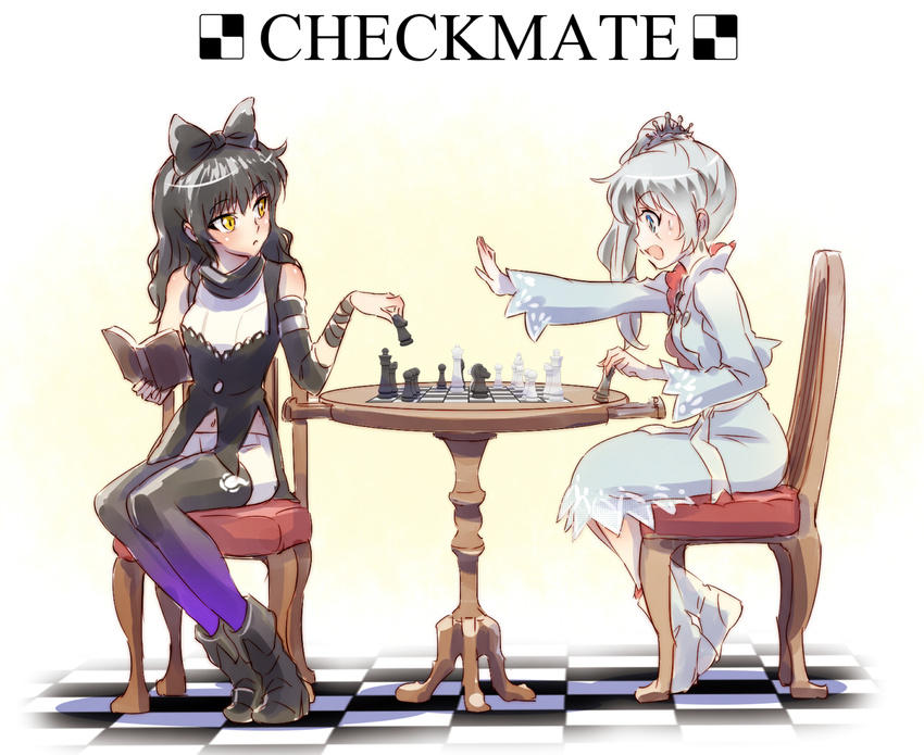 2girls arm_ribbon belt black_footwear black_hair black_pantyhose black_scarf black_vest blake_belladonna blue_hair board_game book boots bow chair checkmate chess chess_piece chessboard coattails commentary cropped_jacket detached_sleeves dress english_text hairbow high_collar high_heel_boots high_heels holding holding_book iesupa jewelry long_hair long_sleeves midriff multiple_girls navel open_mouth pantyhose pantyhose_under_shorts pendant ribbon rwby scar scar_across_eye scar_on_face scarf shirt shorts side_ponytail sitting sleeveless sleeveless_shirt sweatdrop table tiara vest weiss_schnee white_footwear white_hair white_shirt white_shorts wide_sleeves yellow_eyes