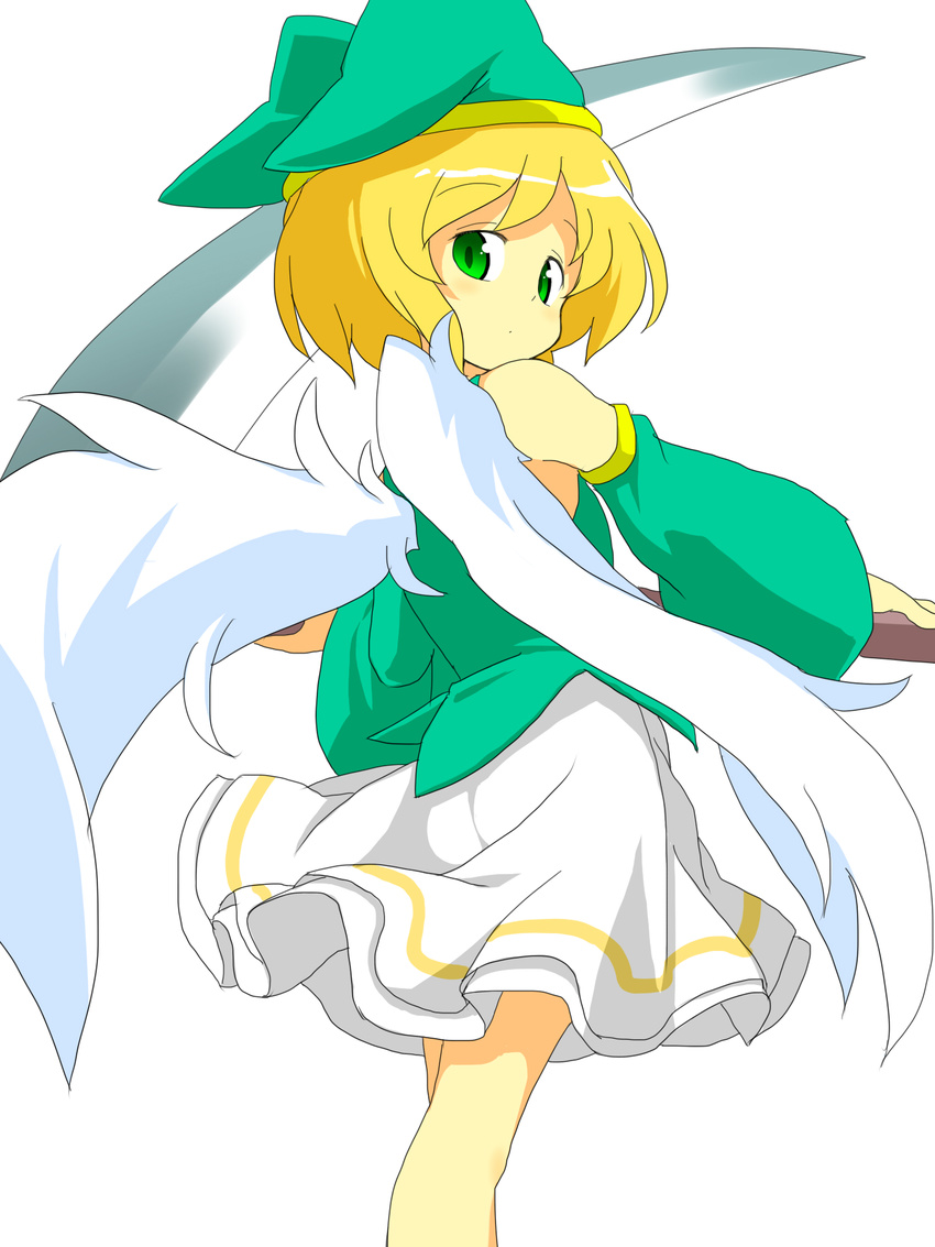 1boy angel_wings arched_back ass bare_legs bare_shoulders blonde_hair bob_cut closed_mouth commentary_request cowboy_shot crossdressing detached_sleeves elona eyebrows feathered_wings feathers from_behind green_eyes green_hat green_shirt hat highres holding holding_scythe holding_weapon jester_cap kumiromi_of_harvest long_sleeves looking_at_viewer looking_back male_focus miniskirt mutsu_(hasepix) otoko_no_ko scythe shirt short_hair simple_background single_vertical_stripe skirt sleeveless sleeveless_shirt solo standing tareme weapon white_background white_skirt white_wings wings