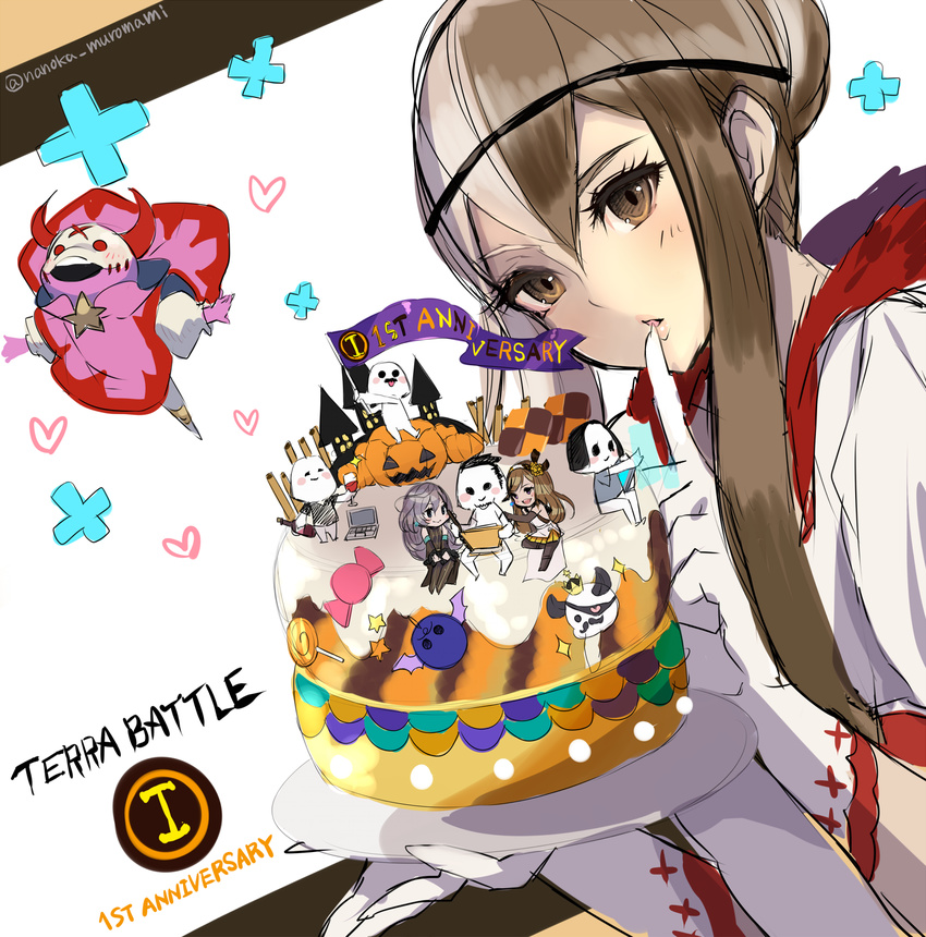 3girls amina_(terra_battle) aoi_(kirabosi105) brown_hair cake commentary_request eileen_(terra_battle) finger_to_mouth food gloves highres multicolored_hair multiple_girls samatha_(terra_battle) shushing terra_battle two-tone_hair white_hair