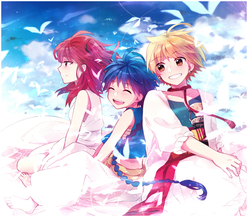 2boys aladdin_(magi) ali_baba_saluja barefoot blonde_hair blue_hair braid brown_eyes closed_eyes commentary_request earrings female grin highres hoshiyui_tsukino jewelry long_hair magi_the_labyrinth_of_magic morgiana multiple_boys one_side_up red_eyes red_hair short_hair single_braid smile