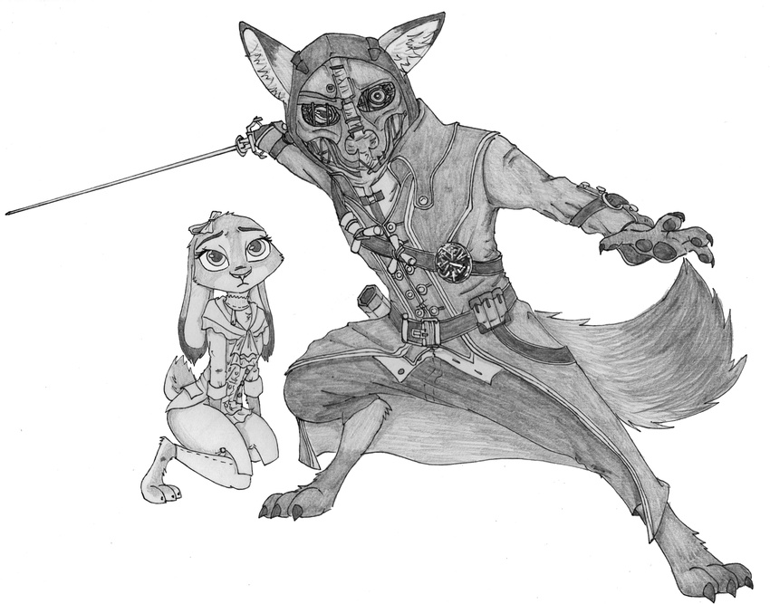 3_toes 4_fingers absurd_res anthro arkane_studios barefoot belt button_(fastener) canid canine claws clothing corvo_attano crossover dishonored disney duo emily_kaldwin feet female fingers fox fur graphite_(artwork) hi_res holding_melee_weapon holding_object holding_sword holding_weapon inner_ear_fluff judy_hopps kneeling lagomorph leporid long_coat long_ears looking_at_viewer male mammal mask medallion melee_weapon microsoft monochrome nick_wilde pawpads paws pencil_(artwork) rabbit rapier red_fox ribbons simple_background size_difference standing sword toe_claws toes traditional_media_(artwork) true_fox tuft weapon white_background ziegelzeig zootopia