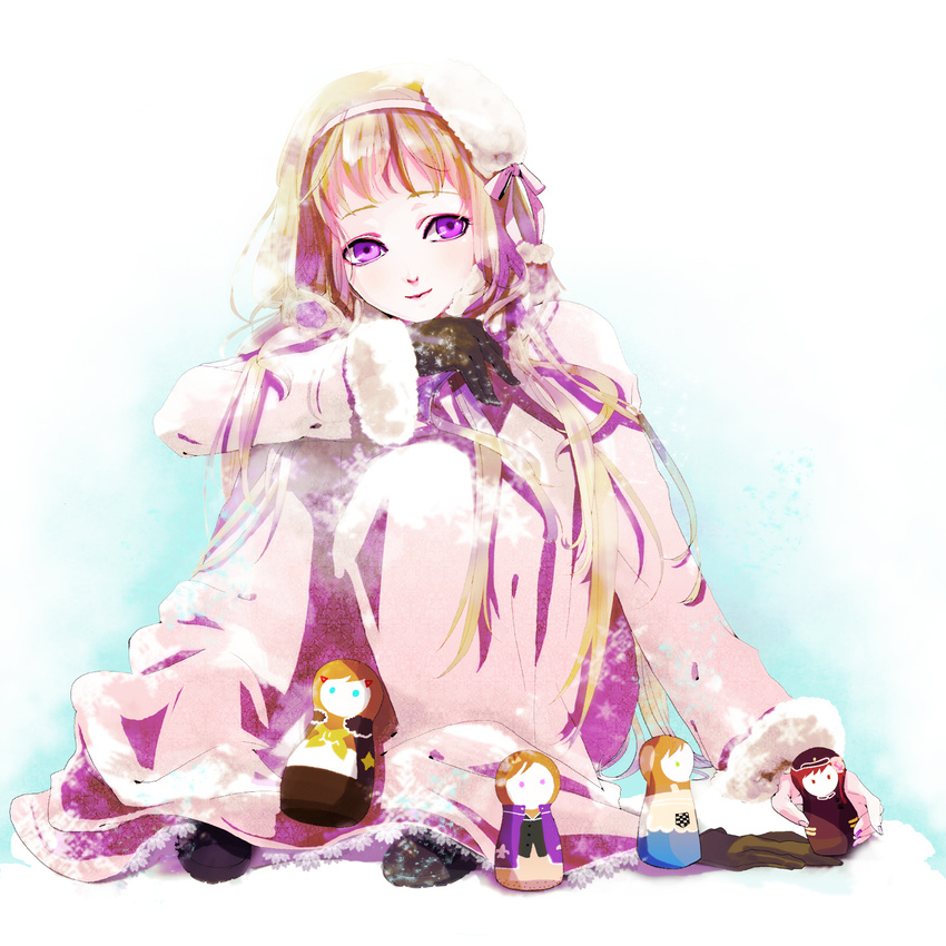 axis_powers_hetalia blonde_hair coat commentary_request doll female fur_hat genderswap_(mtf) gloves hairband hat highres ihiro long_hair matryoshka_doll photoshop_(medium) purple_eyes rule_63 russia_(hetalia) single_glove smile solo