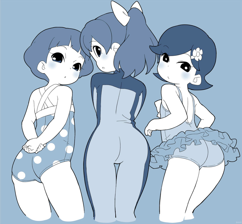 3girls :/ :o arms_behind_back ass back blue_theme blunt_bangs blush bodysuit bow bright_pupils casual_one-piece_swimsuit cowboy_shot cropped_legs diving_suit flat_ass flat_chest flipped_hair flower from_behind hair_flower hair_ornament hairbow hayashi_satoko high_ponytail kodama_fumika layered_skirt long_hair looking_at_viewer looking_back monochrome multiple_girls om_(nk2007) one-piece_swimsuit open_mouth own_hands_together polka_dot polka_dot_swimsuit profile short_hair simple_background skirt suzuki_chiyo swept_bangs swimsuit swimsuit_skirt thigh_gap wetsuit youkai_watch