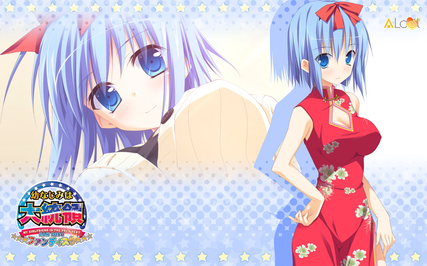 blue_eyes blue_hair breasts chinese_clothes cleavage cleavage_cutout clothing_cutout female hair_ribbon highres large_breasts miyoshi_ran nimura_yuuji osananajimi_wa_daitouryou ribbon star_(symbol)