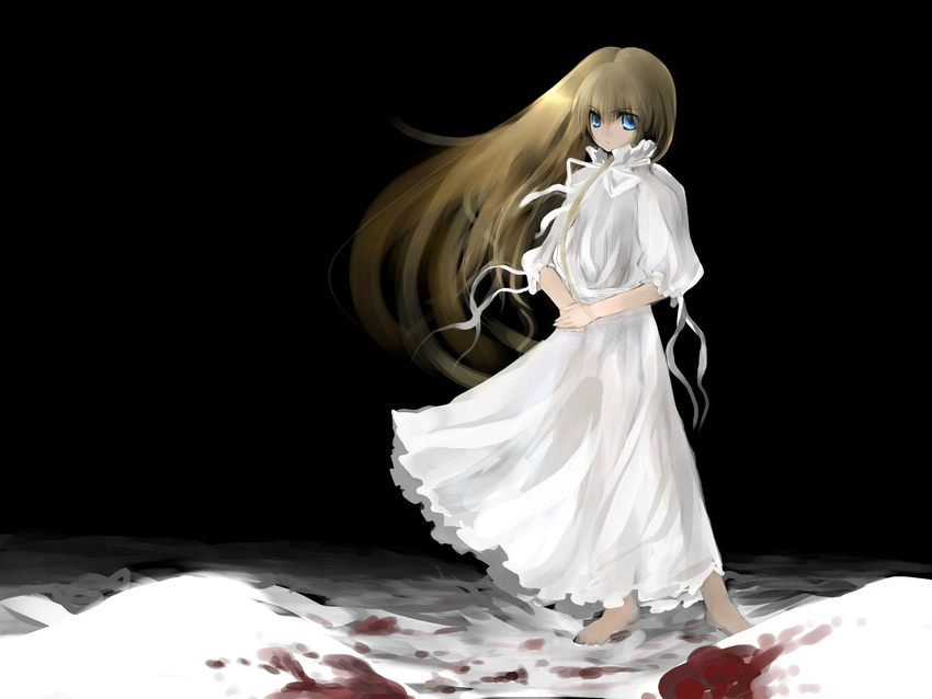 barefoot blonde_hair blood blue_eyes commentary_request female hara_takehito highres long_hair original revision ribbon sad_girl_in_snow snow solo