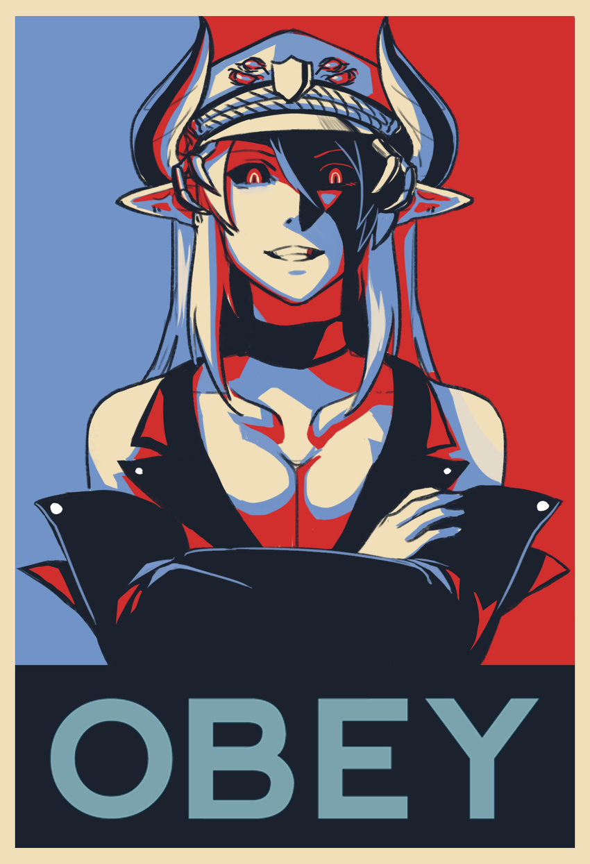 bad_link badge barack_obama barack_obama_hope_poster bare_shoulders border breasts choker cleavage crossed_arms demon_girl demon_horns english_text extra_eyes female grin hair_between_eyes hat highres horns large_breasts less lilim_(monster_girl_encyclopedia) long_hair looking_at_viewer monster_girl_encyclopedia open_clothes open_shirt original parody pointy_ears second-party_source shaded_face shirt slit_pupils smile solo two-tone_background victoria_(lilim)