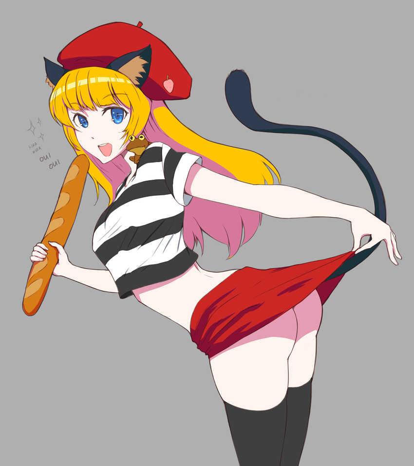 absurdres animal_ears ass beret black_thighhighs blonde_hair blue_eyes bread cat_ears cat_tail commentary_request crop_top cropped_shirt female food frog fruit futurama grey_background hat highres hypnotoad jsut-tan kuso_otoko long_hair midriff open_mouth original shirt simple_background smile solo strawberry striped_clothes striped_shirt tail thighhighs