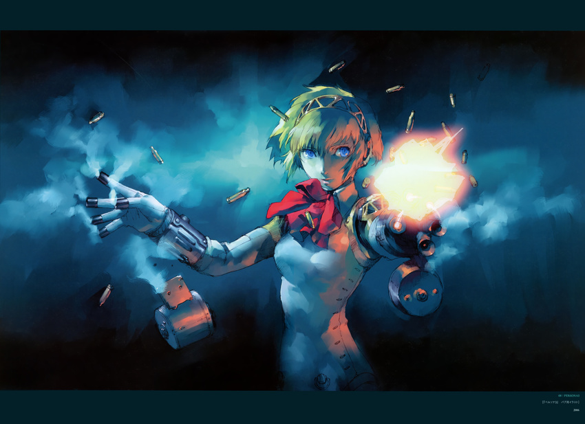 absurdres aegis_(persona) aiming android blonde_hair blue_eyes bow bowtie breasts casing_ejection closed_mouth dark female finger_cannon firing green_hair hairband highres lips looking_afar magazine_(weapon) magazine_ejection medium_breasts muzzle_flash outstretched_arms persona persona_3 photoshop_(medium) purple_eyes red_bow red_bowtie shell_casing short_hair sideways_glance smoke smoke_trail soejima_shigenori solo upper_body