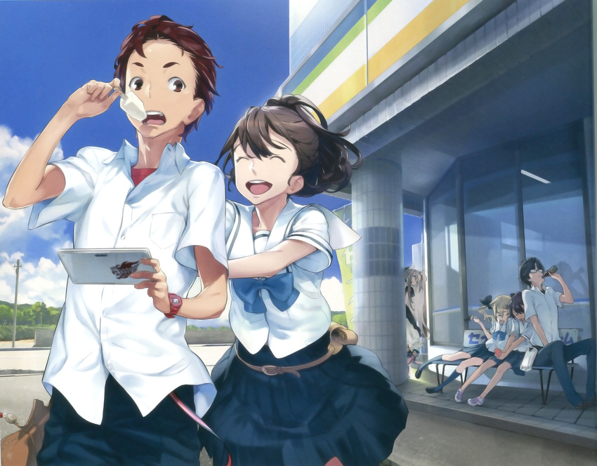 2boys 4girls airi_(robotics;notes) blonde_hair brown_hair daitoku_junna food fukuda_tomonori glasses hidaka_subaru highres ice_cream koujiro_frau multiple_boys multiple_girls official_art open_mouth ribbon robotics;notes school_uniform senomiya_akiho smile twintails yashio_kaito