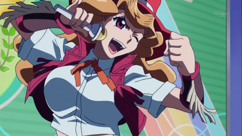 announcer belt breasts cowboy_hat female female fringe hat holding_microphone large_breasts light_brown_hair melissa_claire microphone screencap shirt smile vest wink yu-gi-oh! yuu-gi-ou_arc-v