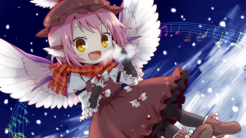 animal_ears beamed_eighth_notes commentary_request dotted_quarter_note dress eighth_note female grace_note hat highres musical_note mystia_lorelei oerba_yun_fang open_mouth pink_hair quarter_note scarf sharp_sign short_hair smile snow solo staccato staff_(music) time_signature touhou treble_clef wings yamabuki_(yusuraume) yellow_eyes