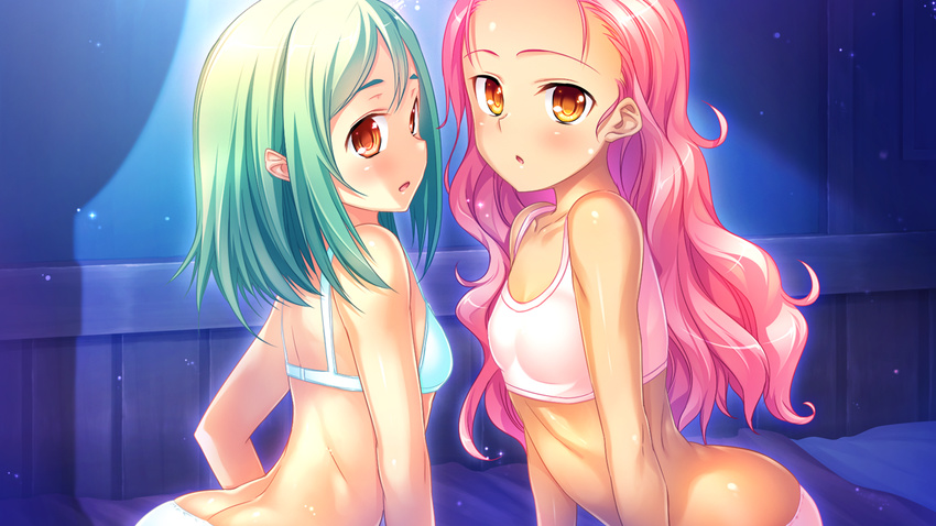 2girls alternate_hairstyle arched_back ass bra breasts brown_eyes butt_crack dark-skinned_female dark_skin flat_chest game_cg green_hair hair_down kantaka koihime_musou kyocho long_hair messy_hair multiple_girls open_mouth panties pink_bra pink_hair pink_panties small_breasts ten'i training_bra underwear underwear_only upper_body wavy_hair white_bra white_panties