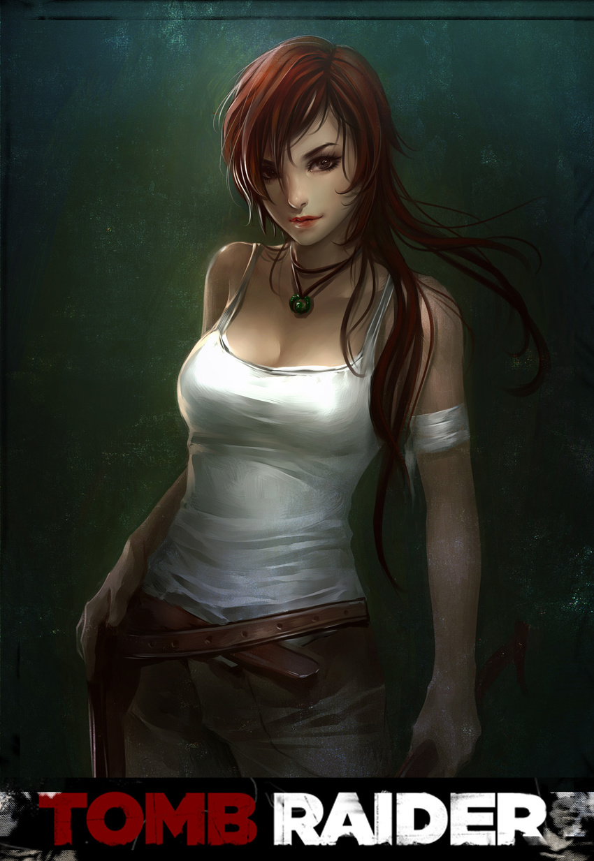 bandaged_arm bandages belt breasts brown_eyes brown_hair chinese_commentary cleavage commentary_request female highres jewelry lara_croft long_hair medium_breasts necklace orry photoshop_(medium) pixiv_tomb_raider_contest solo standing tank_top tomb_raider tomb_raider_(reboot)