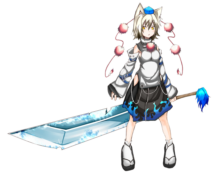 animal_ears bad_id bad_pixiv_id breasts chipped_sword detached_sleeves female hat inubashiri_momiji looking_at_viewer medium_breasts short_hair shun_soku simple_background solo sword tokin_hat touhou weapon white_background wolf_ears yellow_eyes