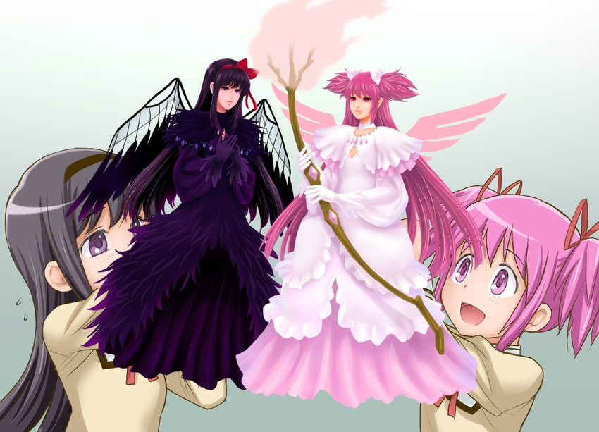 2girls :d akemi_homura akuma_homura black_dress black_gloves black_hair black_wings blush bow_(weapon) character_doll commentary_request creator_connection dress feathered_wings flying_sweatdrops gloves gradient_background hair_ribbon hairband kaname_madoka lips long_hair mahou_shoujo_madoka_magica mahou_shoujo_madoka_magica:_hangyaku_no_monogatari mitakihara_school_uniform multiple_girls open_mouth pink_eyes pink_hair puppet red_ribbon ribbon sca_jam school_uniform short_twintails smile spoilers thunderbolt_fantasy twintails two_side_up ultimate_madoka upper_body urobuchi_gen weapon white_dress white_gloves wings