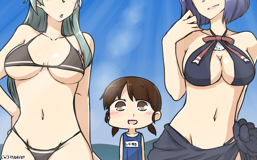 3girls :d arms_behind_back bikini black_bikini blood blue_sky blush breast_awe breasts brown_eyes brown_hair chibi commentary dated day drooling green_hair halterneck hamu_koutarou hand_on_own_hip highres kantai_collection large_breasts long_hair low_twintails multiple_girls name_tag navel nosebleed official_alternate_costume one-piece_swimsuit open_mouth out_of_frame purple_hair saliva sarong school_swimsuit shirayuki_(kancolle) short_twintails sky smile sparkling_eyes suzuya_(kancolle) swimsuit tatsuta_(kancolle) tatsuta_(swimsuit_mode)_(kancolle) twintails underboob