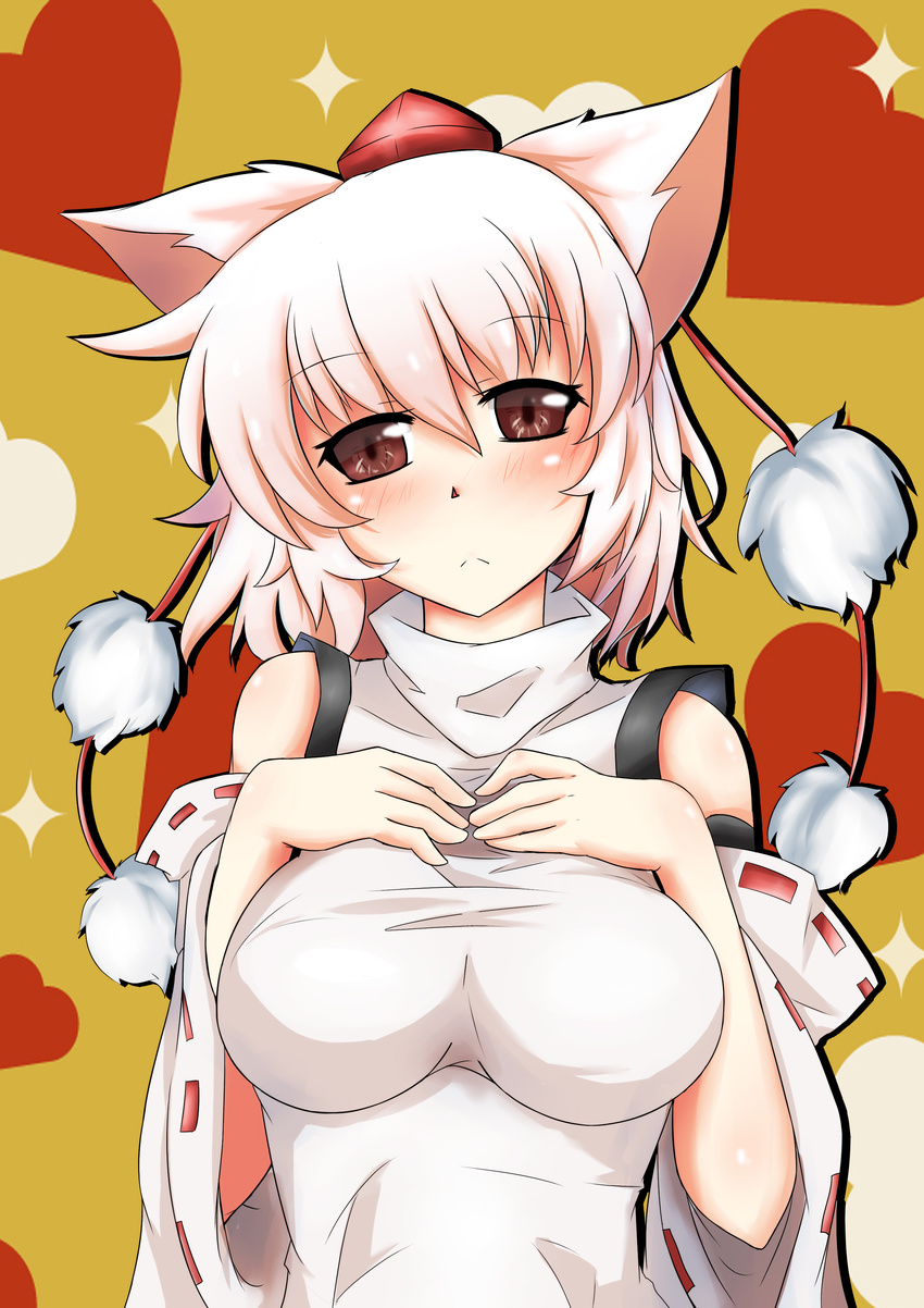 :< absurdres animal_ears bare_shoulders blush breasts brown_eyes commentary_request detached_sleeves female fps hand_on_own_chest hat heart highres impossible_clothes inubashiri_momiji large_breasts looking_at_viewer photoshop_(medium) short_hair solo tokin_hat touhou white_hair wolf_ears