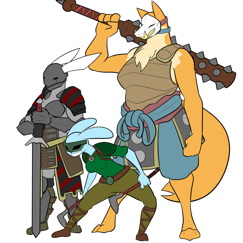 1:1 armor axe barefoot belt berserker blue_byte_(game_developer) boots bran-draws-things breasts canid canine chainmail chest_tuft clothing club_(weapon) digital_media_(artwork) feet female footwear for_honor_(game) fox group gwen_(bran-draws-things) headgear helmet hi_res holding_axe holding_melee_weapon holding_object holding_sword holding_weapon kanabō knee_pads knight lagomorph leporid longsword mace mammal mask maul melee melee_weapon muscular muscular_female noh_mask oni_mask rabbit shin_guards shoulder_pads sword toki_(bran-draws-things) tuft warrior weapon