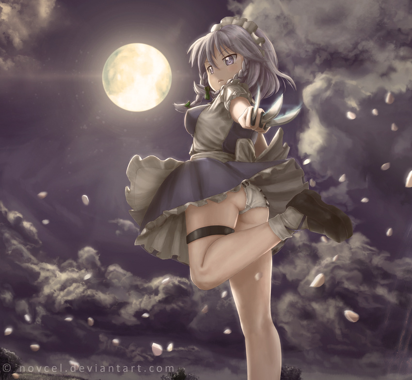 apron ass bow braid cloud dagger dress female full_moon hair_ornament hairbow highres izayoi_sakuya leg_band leg_up looking_back maid_headdress moon night night_sky novcel panties pantyshot petals puffy_sleeves ribbon shoes short_hair short_sleeves silver_eyes silver_hair sky socks solo standing_on_one_leg touhou twin_braids underwear upskirt waist_apron watermark weapon web_address white_legwear white_panties