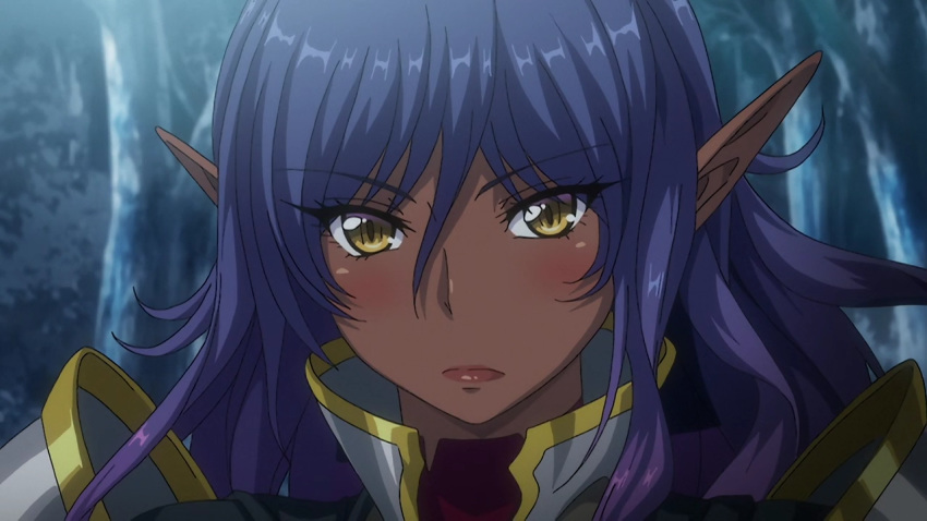 armor blue_hair blush dark_elf dark_skin delva_celebrian elf_ears female long_hair multicolored_hair pointy_ears purple_hair screencap shiny shiny_skin t-rex_(animation_studio) yellow_eyes youkoso!_sukebe_elf_no_mori_e