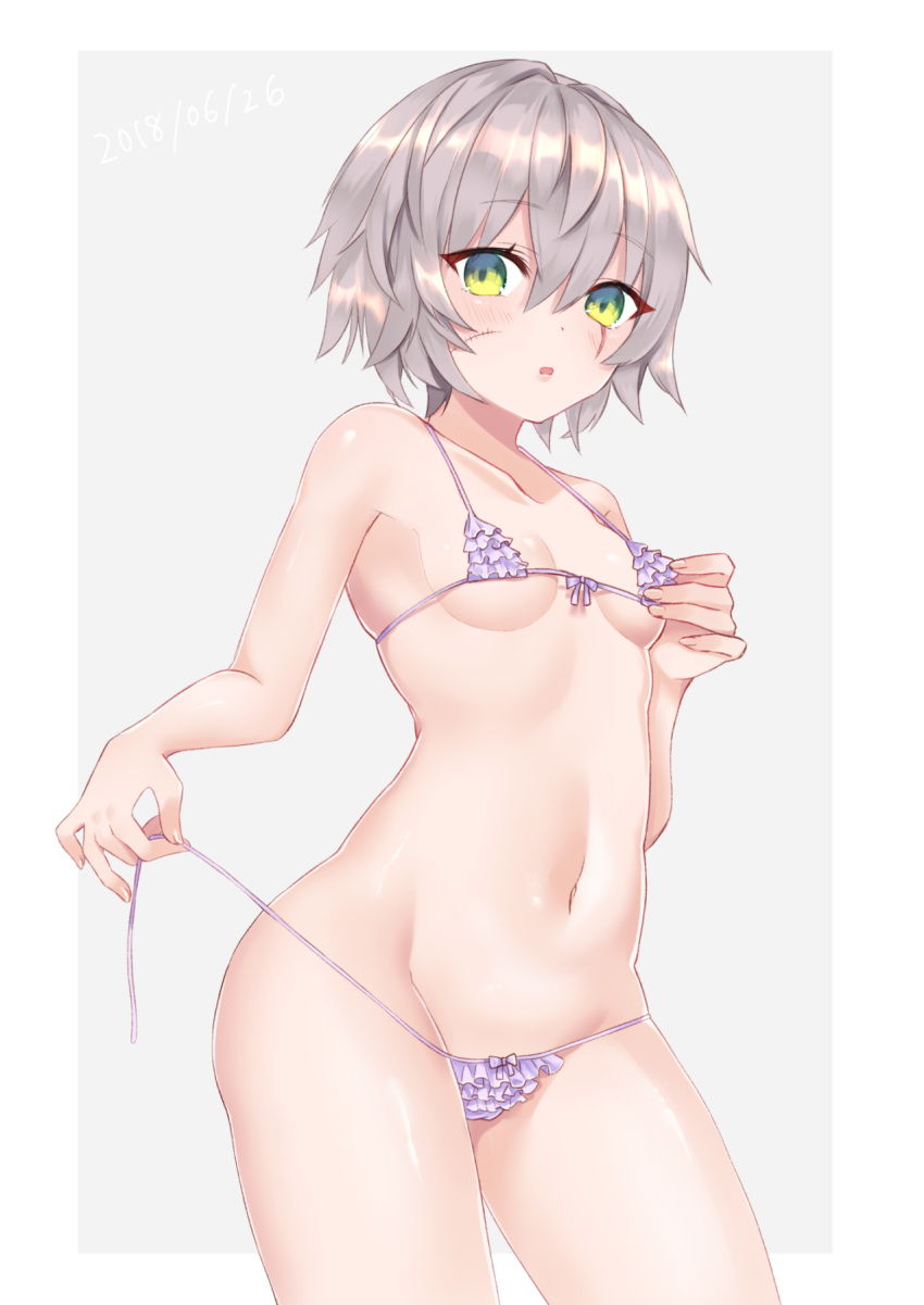 :o bad_id bad_pixiv_id bare_arms bare_shoulders bikini blush border bow bow_bikini breasts collarbone commentary contrapposto cowboy_shot dated fate/apocrypha fate/grand_order fate_(series) female fingernails frilled_bikini frills from_below grey_background grey_hair groin hair_between_eyes hand_up highres jack_the_ripper_(fate/apocrypha) looking_at_viewer looking_down micro_bikini navel nekomiya_noru_(yuduki710) no_tattoo outside_border purple_bikini scar scar_across_eye scar_on_cheek scar_on_face shiny_skin short_hair simple_background small_breasts solo standing stomach string_bikini swimsuit untied_bikini white_border