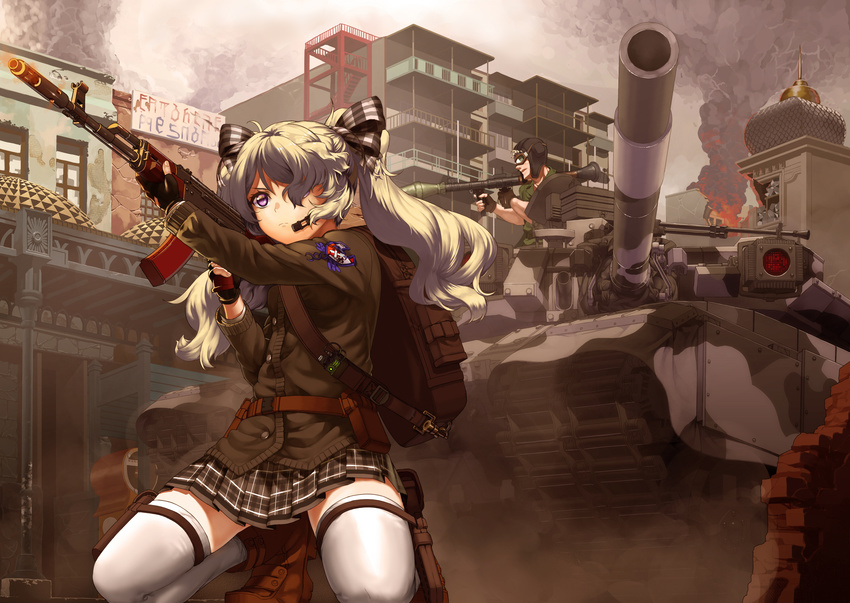 1boy absurdres ak-74 assault_rifle bad_id bad_pixiv_id bag caterpillar_tracks debris female fingerless_gloves firing gloves gun hair_over_one_eye hair_ribbon harumaki-0327 harumaki_haruki headset highres holster kalashnikov_rifle military military_vehicle motor_vehicle original pleated_skirt ribbon rifle rocket_launcher rpg-7 rpg_(weapon) silver_hair skirt smoke t-90 tank thigh_holster thighhighs twintails war weapon zettai_ryouiki