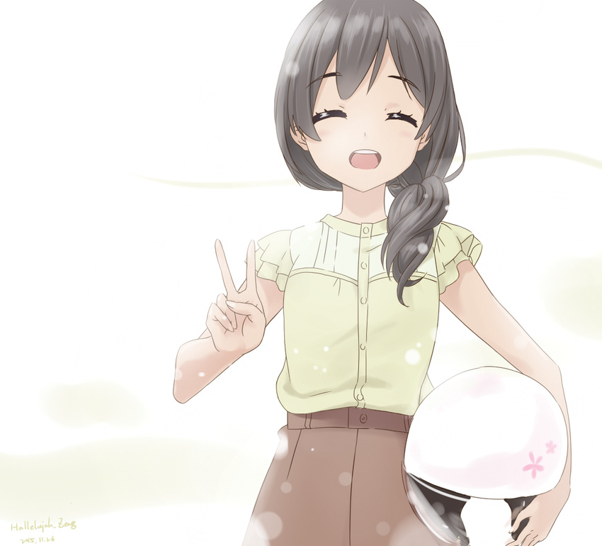 :d alternate_hairstyle black_hair braid brown_skirt closed_eyes commentary_request dated dot_nose facing_viewer female hallelujah_zeng helmet long_hair mitani_kanae monochrome_background open_mouth short_sleeves signature skirt smile solo tamayura unworn_headwear unworn_helmet v white_background