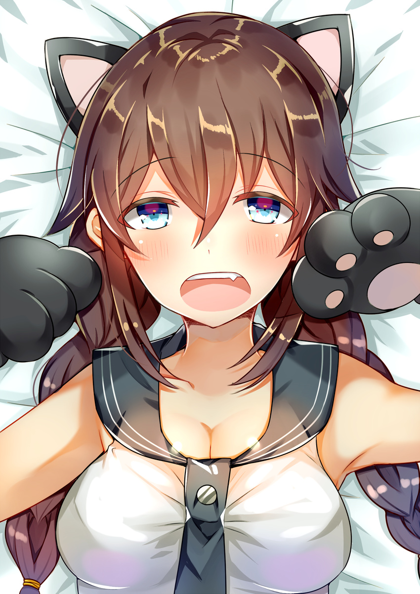 animal_ears animal_hands aozora_nan bare_shoulders bed_sheet blue_eyes braid breasts brown_hair cat_ears cleavage commentary_request female gloves hair_between_eyes highres kantai_collection large_breasts long_hair looking_at_viewer lying noshiro_(kancolle) on_back open_mouth paw_gloves school_uniform serafuku shirt sleeveless sleeveless_shirt solo twin_braids upper_body