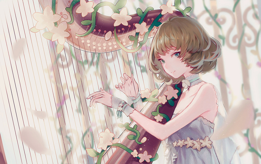 bare_shoulders blue_eyes brown_hair commentary_request dress female flower green_eyes harp heterochromia idolmaster idolmaster_cinderella_girls instrument limbo_(artist) photoshop_(medium) plant short_hair smile solo takagaki_kaede vines