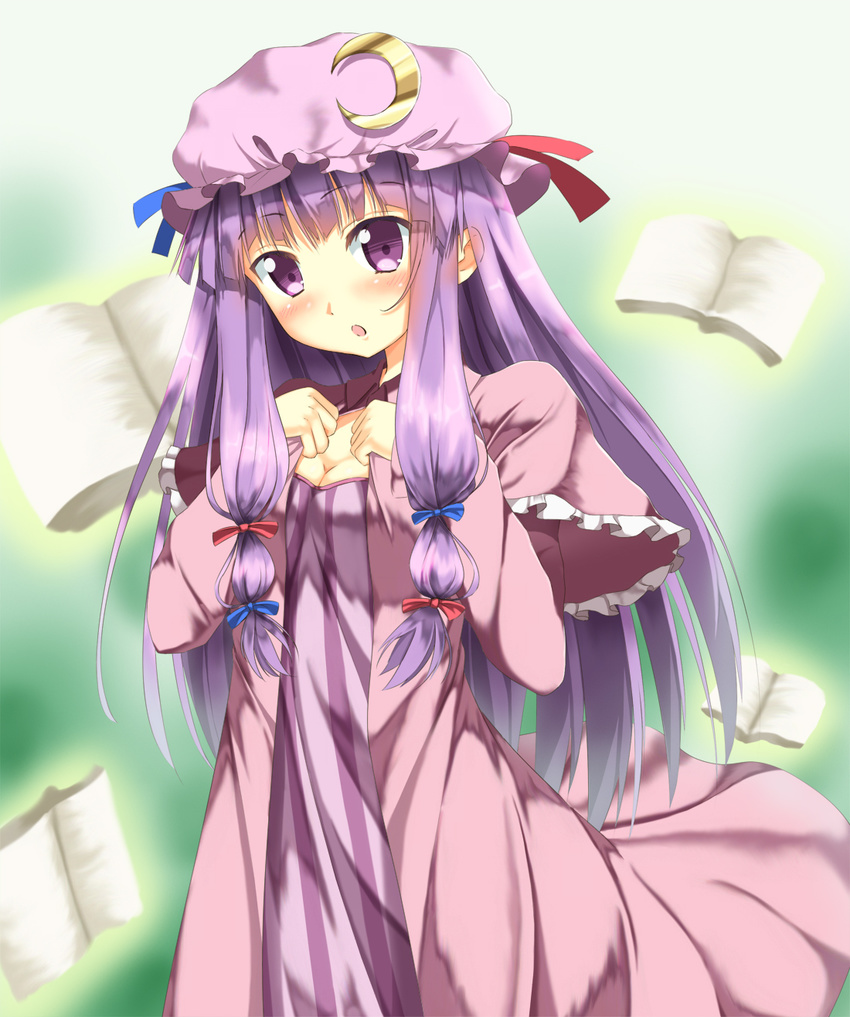 adjusting_clothes ayataka blush book breasts cleavage commentary crescent dress female hair_ribbon hat highres long_hair medium_breasts patchouli_knowledge photoshop_(medium) purple_eyes purple_hair ribbon solo touhou