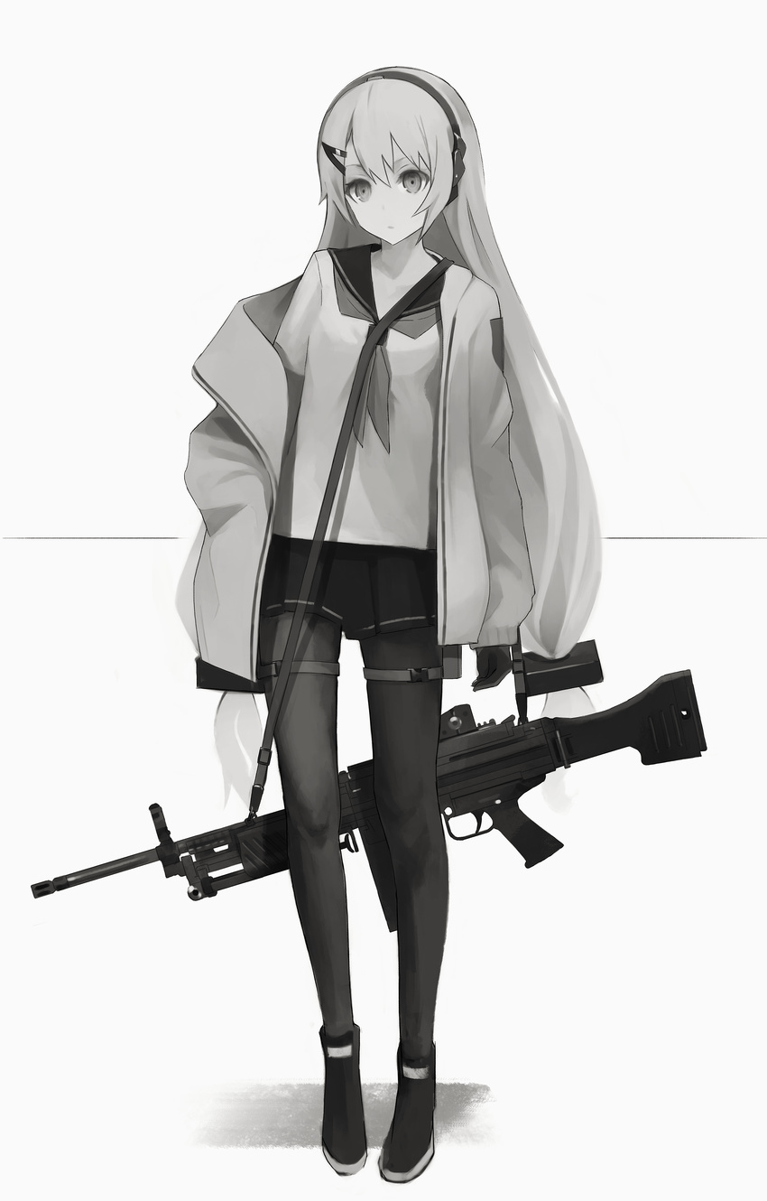 absurdres bad_id bad_pixiv_id closed_mouth commentary_request expressionless female full_body girls'_frontline greyscale gun gyup h&k_mg4 hair_ornament hairclip headphones highres hood hoodie long_hair mg4_(girls'_frontline) mg4_(survival_club)_(girls'_frontline) miniskirt monochrome official_alternate_costume open_clothes open_hoodie pantyhose pleated_skirt school_uniform serafuku shoes skirt sneakers solo standing weapon