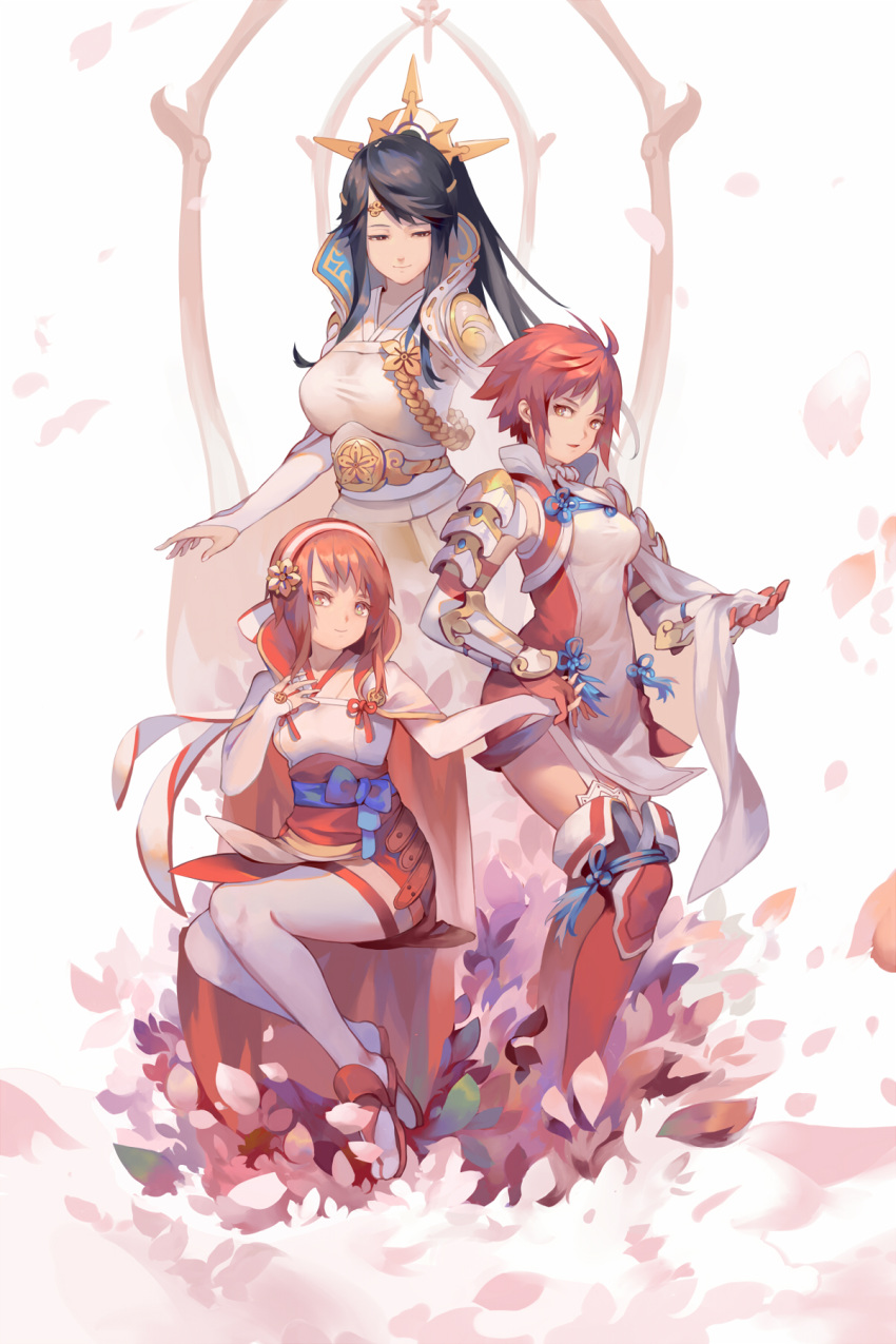 3girls armor black_hair cape commentary cottan dress fire_emblem fire_emblem_fates full_body gloves hair_ornament hairband highres hinoka_(fire_emblem) jewelry long_hair looking_at_another looking_at_viewer mikoto_(fire_emblem) mother_and_daughter multiple_girls open_mouth pink_hair priest red_dress red_eyes red_hair red_skirt sakura_(fire_emblem) short_hair siblings sisters skirt smile staff thighhighs white_dress white_gloves zettai_ryouiki