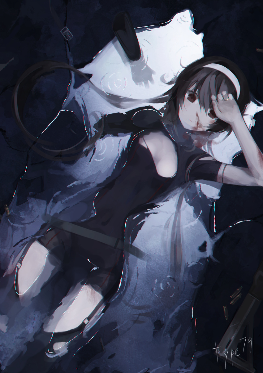 absurdres android arm_up bad_id bad_pixiv_id black_dress black_hair black_thighhighs blood brown_eyes character_name commentary detached_arm dress female garter_straps girls'_frontline gyup hair_between_eyes hairband highres joints long_hair lying mechanical_arms on_back partially_submerged puddle ripples robot_joints short_sleeves single_mechanical_arm solo thighhighs type_79_(girls'_frontline) type_79_smg